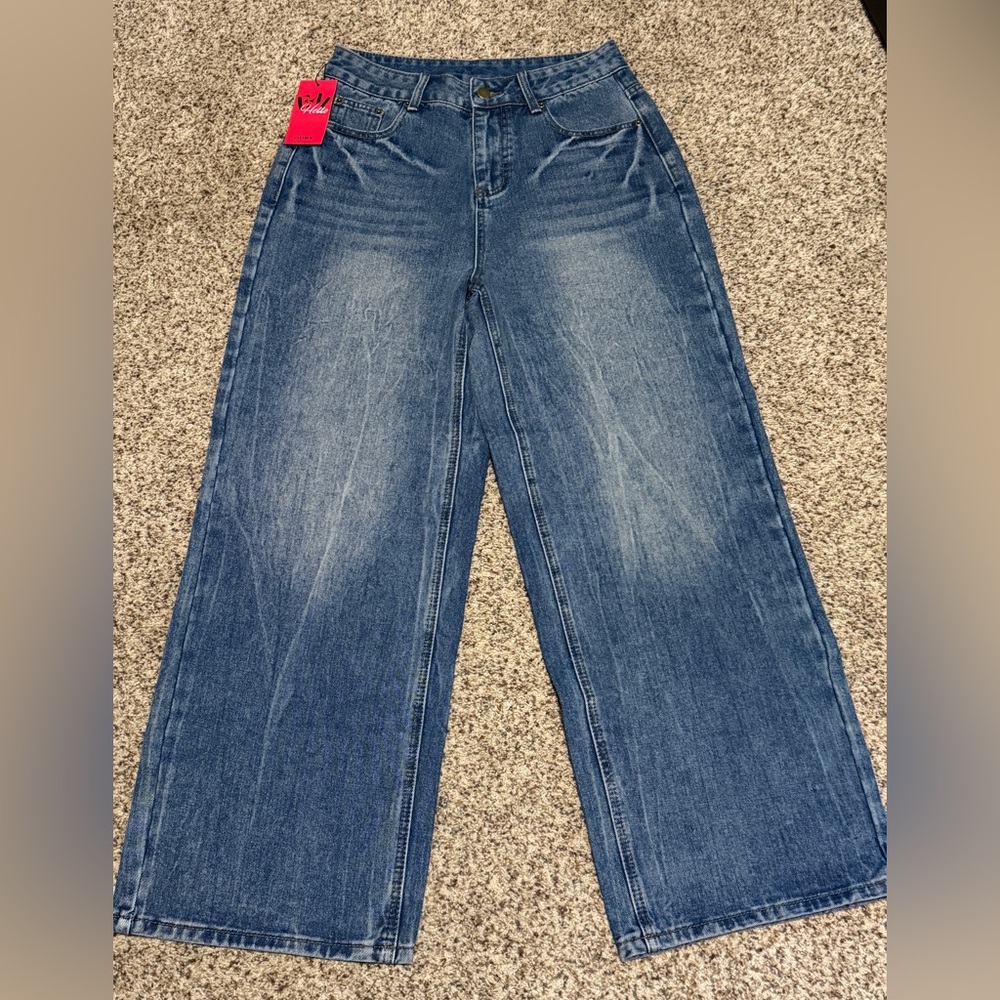 Y2K Wide Leg Mid Rise Blue Denim Jeans Size Womens M 8/10 NWT